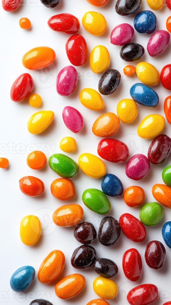Colorful candy assortment scattered on a white surface, showcasing vibrant shapes and textures in bright daylight photo