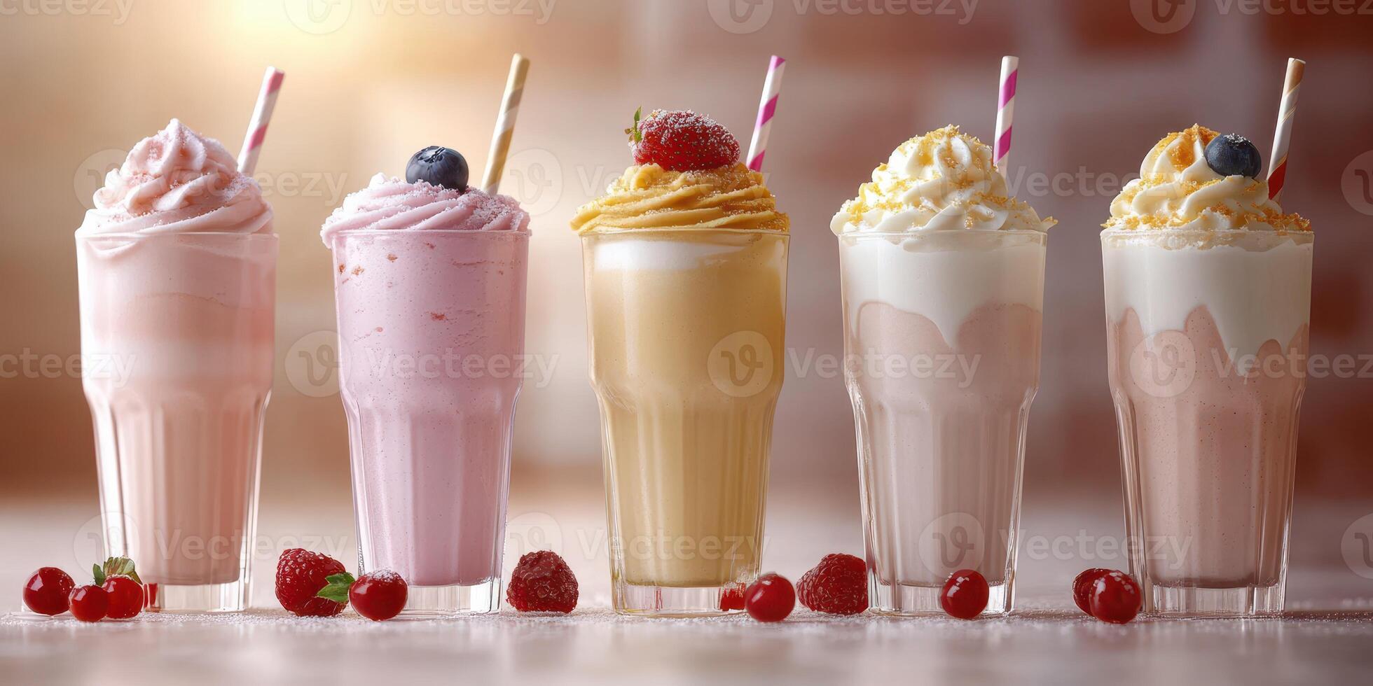 Colorful milkshakes lined up on a table with fresh berries during a sunny day photo