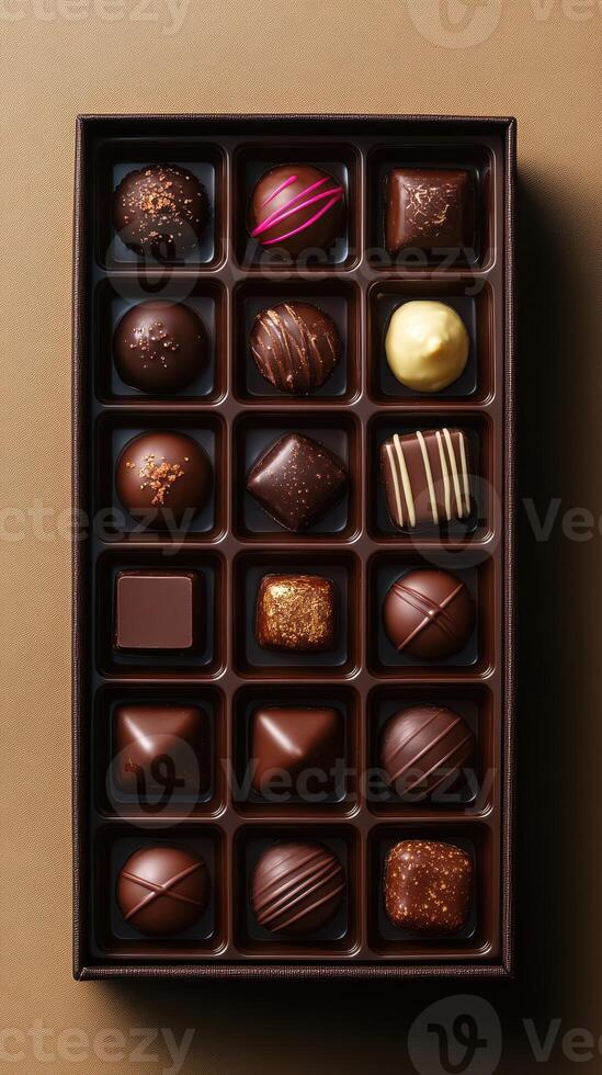 Assorted gourmet chocolates in a neatly arranged box showcasing a variety of flavors and textures photo