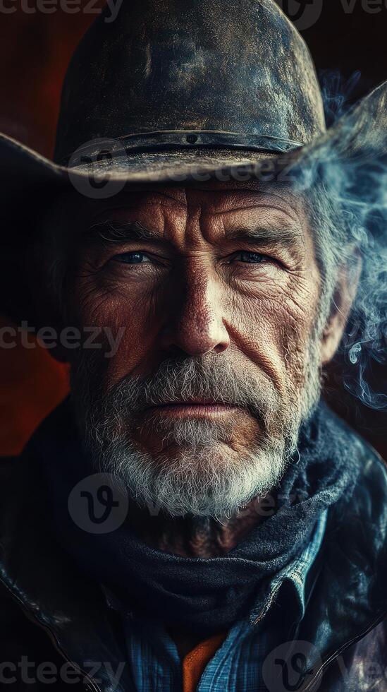 Portrait of a rugged cowboy wearing a weathered hat with a serious expression surrounded by smoke in an atmospheric setting photo