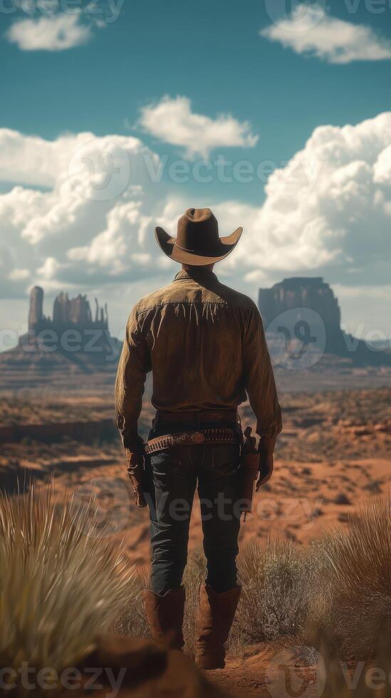 Cowboy gazes at distant buttes in Monument Valley under a vibrant sky photo