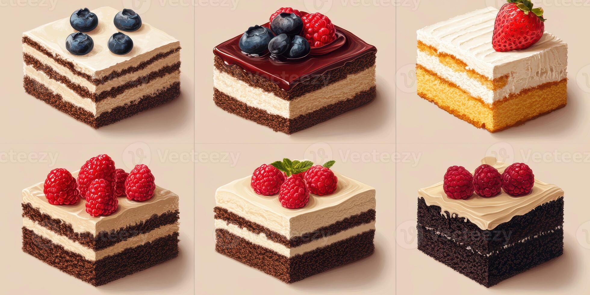 Colorful selection of layered cakes on display with various toppings in a bright setting photo