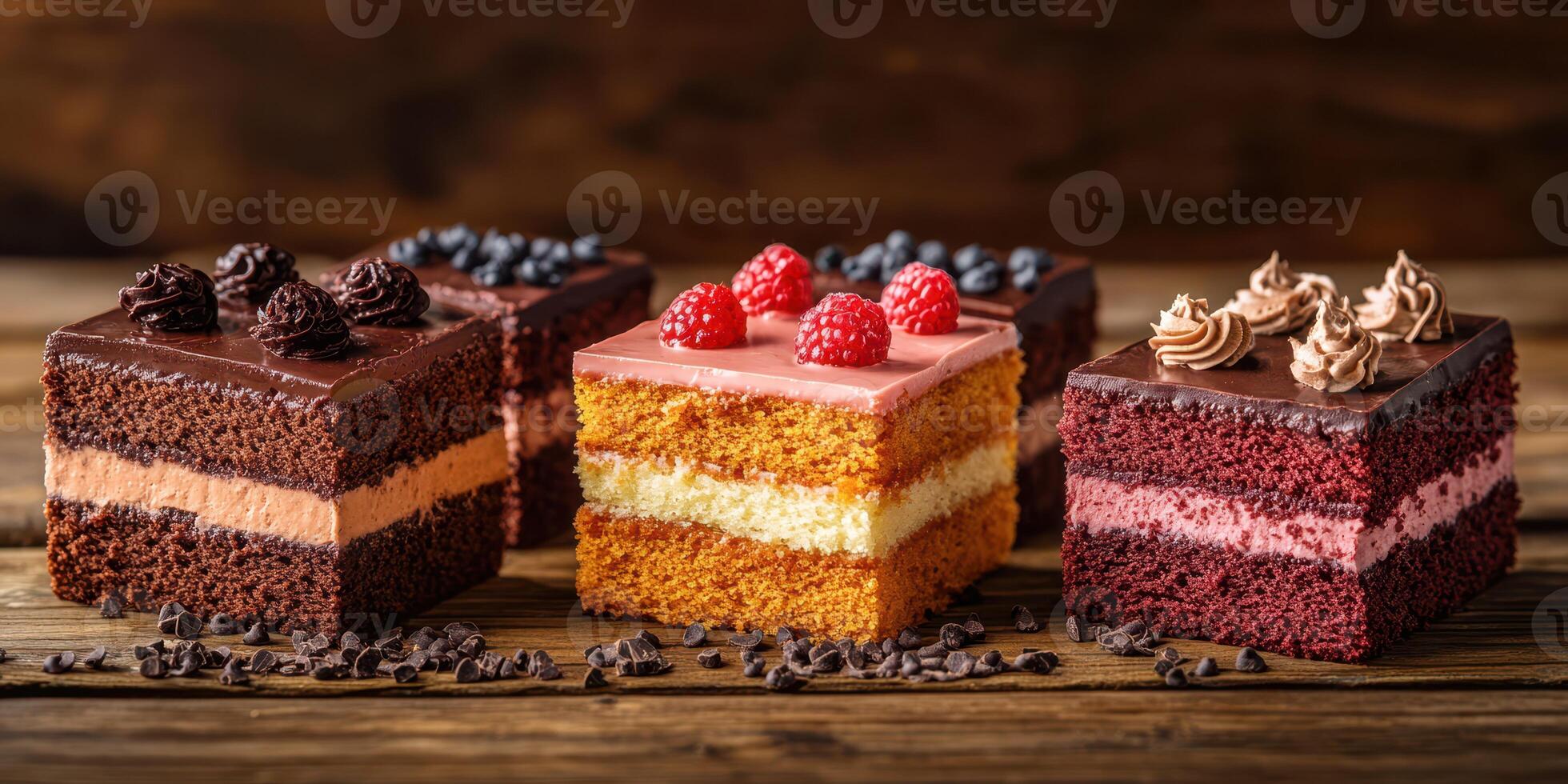 Colorful assortment of cakes displayed on a wooden table in a cozy bakery setting photo