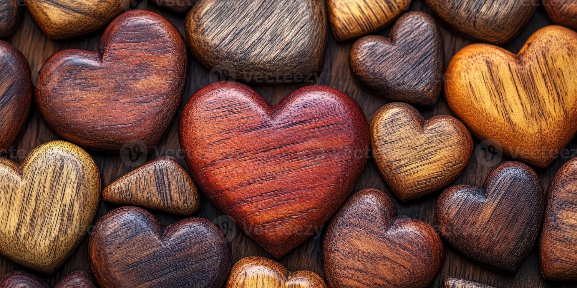 Decorative wooden hearts arranged on a wooden surface showcasing various textures and colors photo