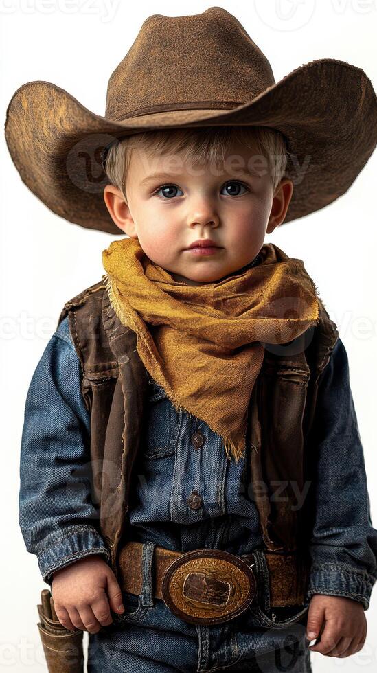 Young cowboy in western attire with hat and scarf posing for a portrait in a studio setting photo