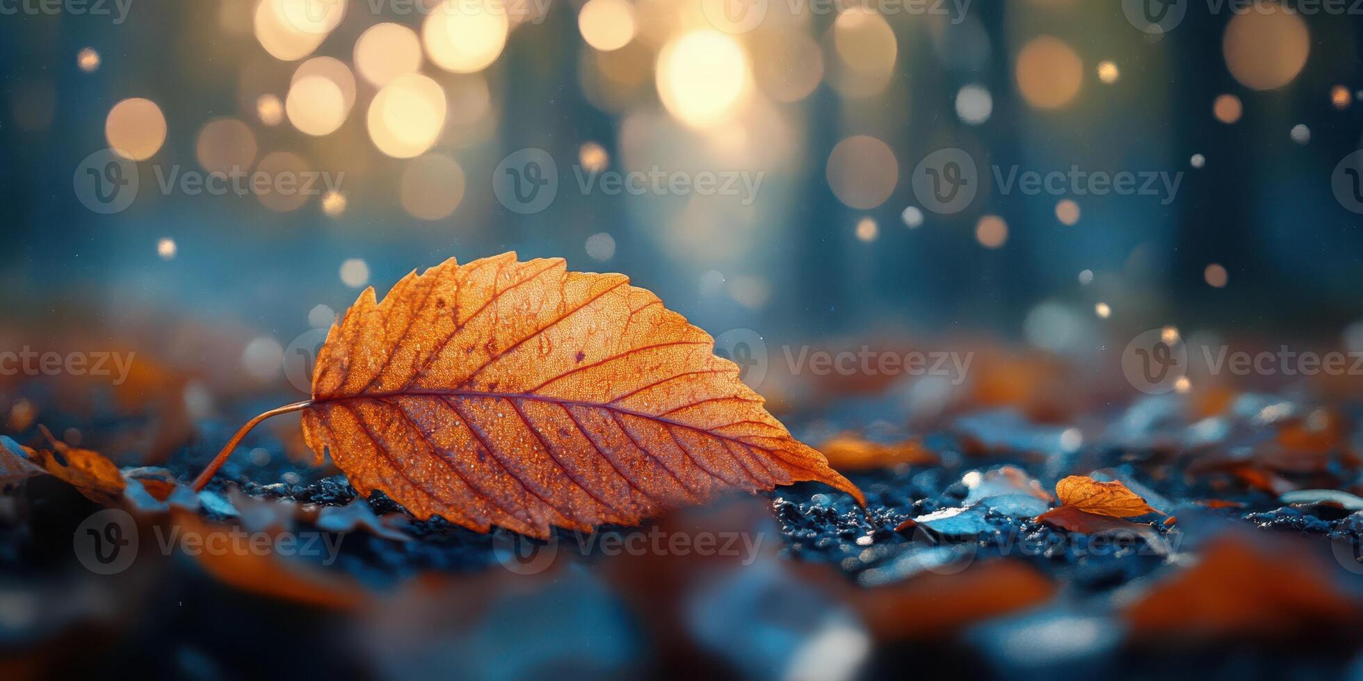 Autumn leaves resting on the forest floor with soft bokeh background during twilight photo