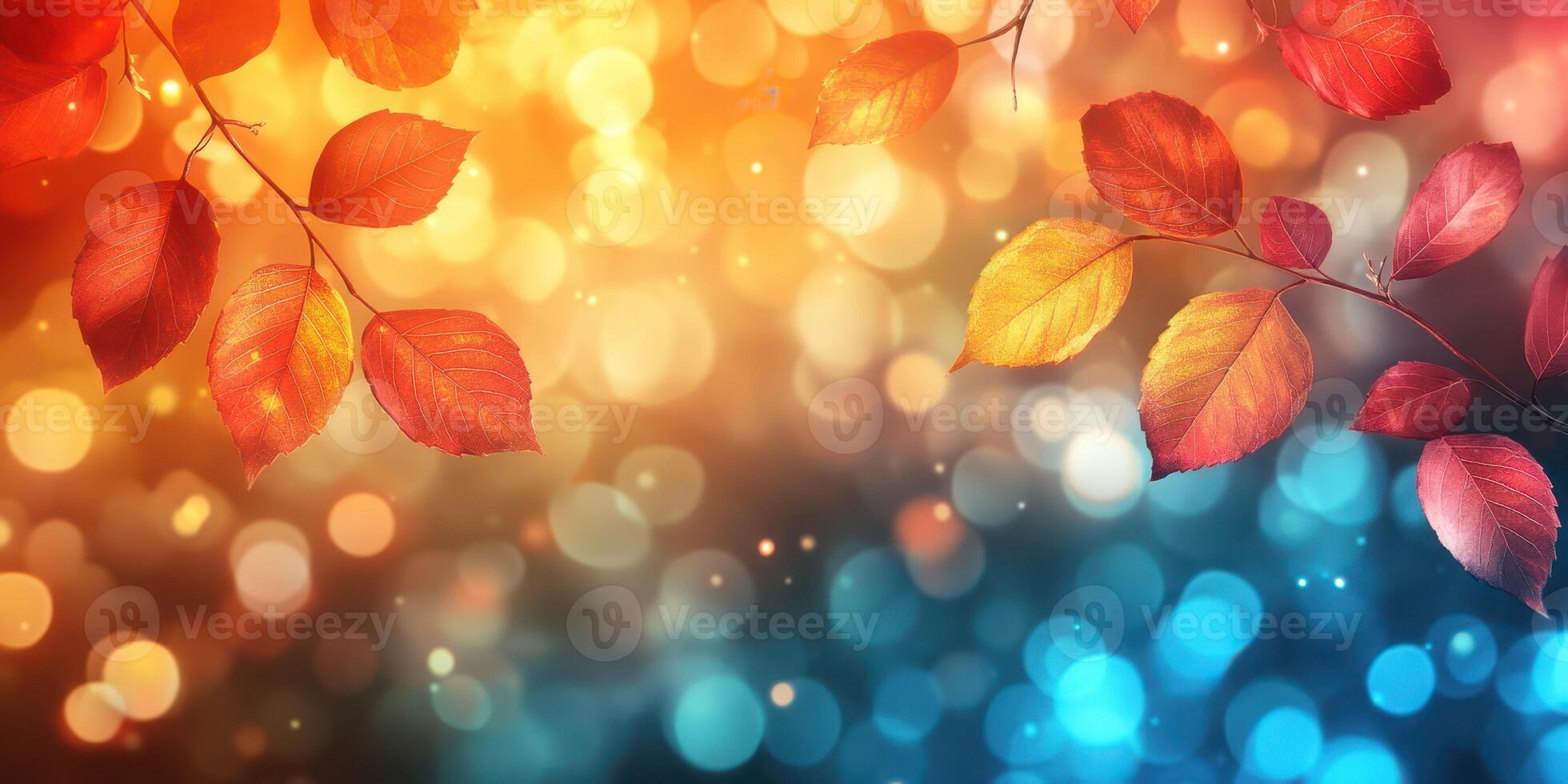 Colorful autumn leaves against a shimmering bokeh background create a vibrant seasonal atmosphere photo