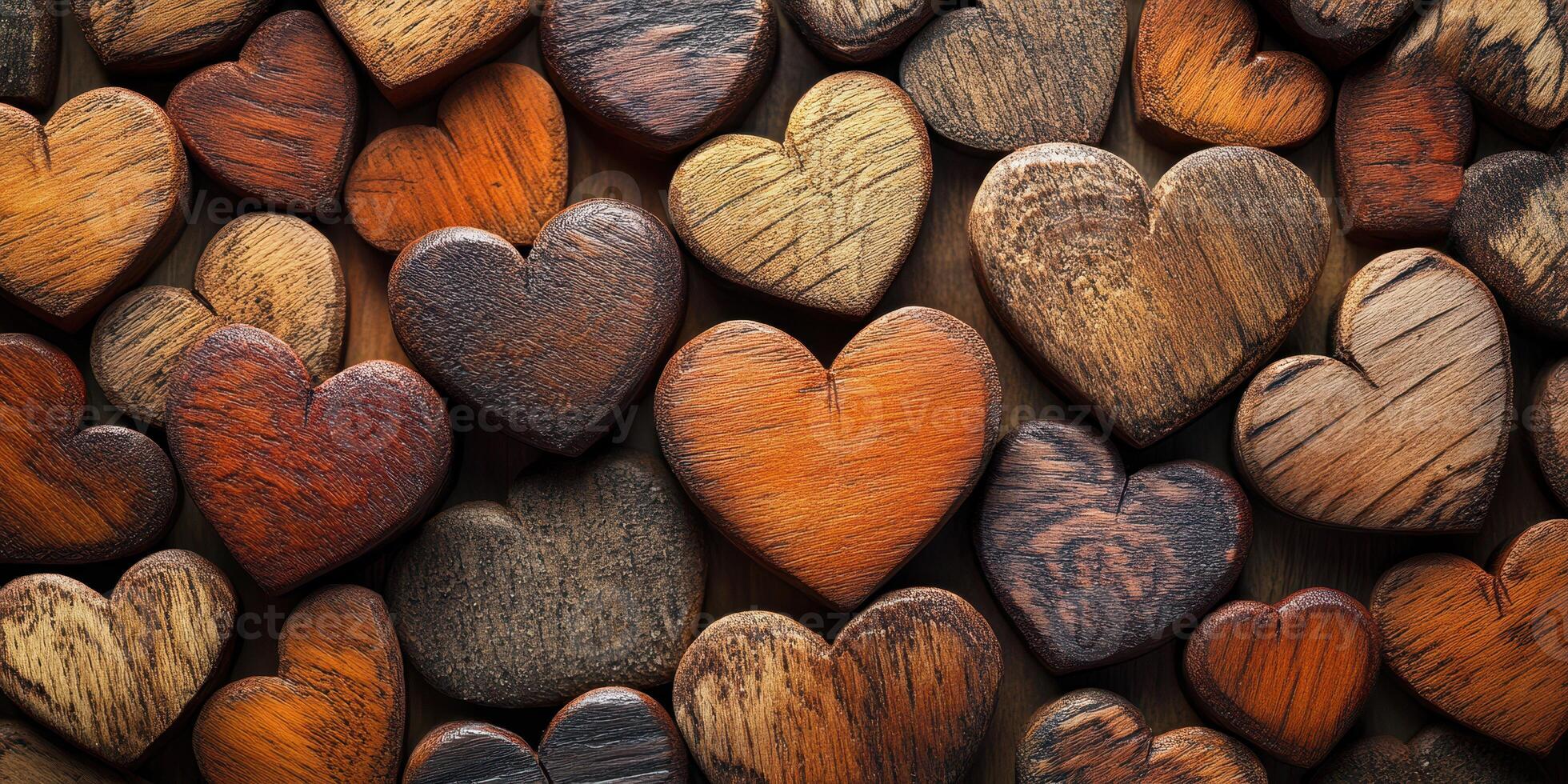 Wooden hearts arranged in an artistic display showcasing intricate textures and natural color variations photo