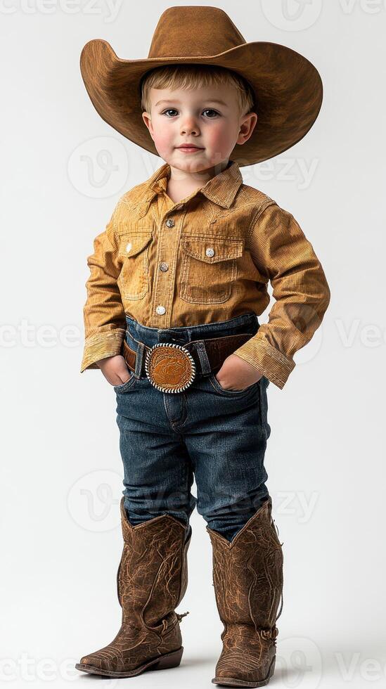 Young cowboy dressed in western attire poses confidently with a hat, boots, and belt in a neutral studio setting photo