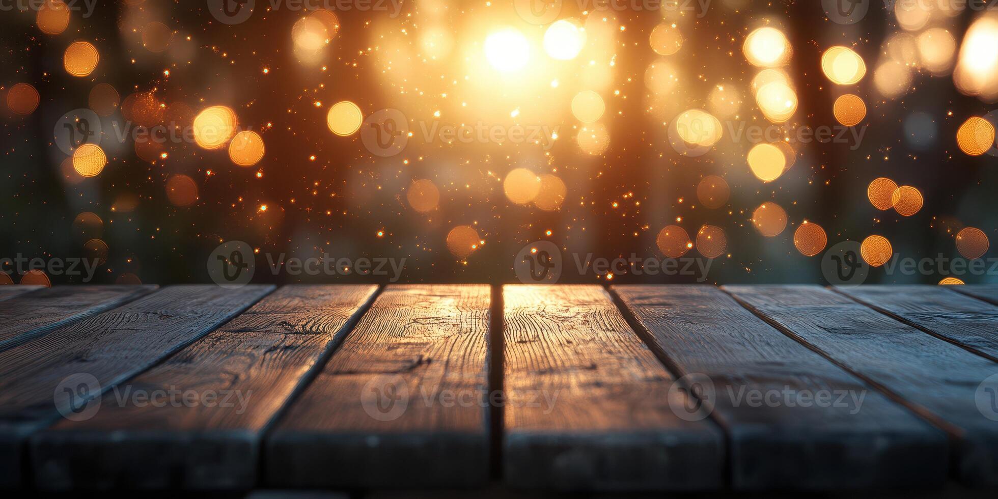 Warm sunlight creating a magical glow over a wooden table in an outdoor setting during twilight photo