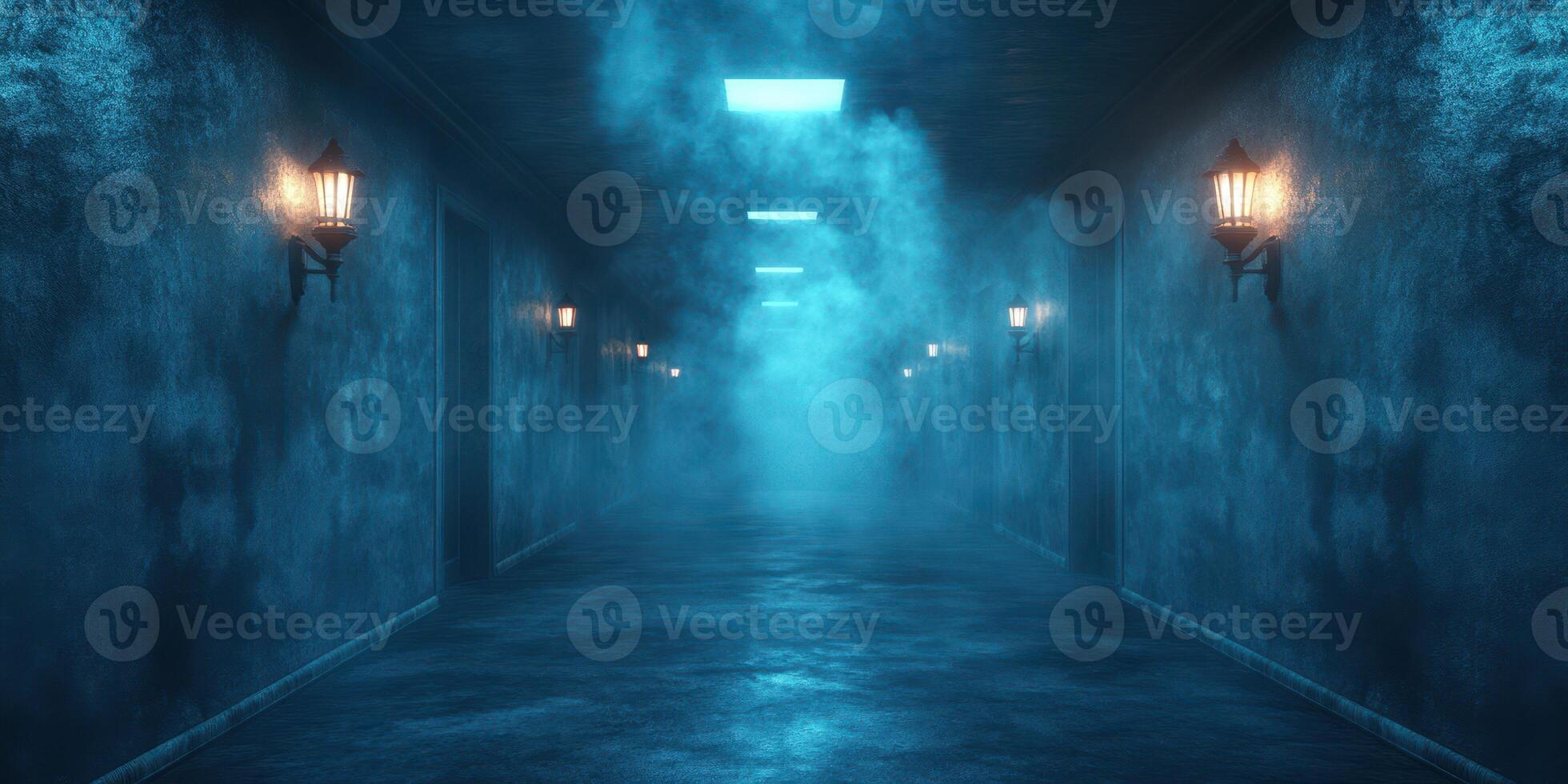 Mysterious fog-filled hallway with dim lighting enhances eerie atmosphere in abandoned building at night photo