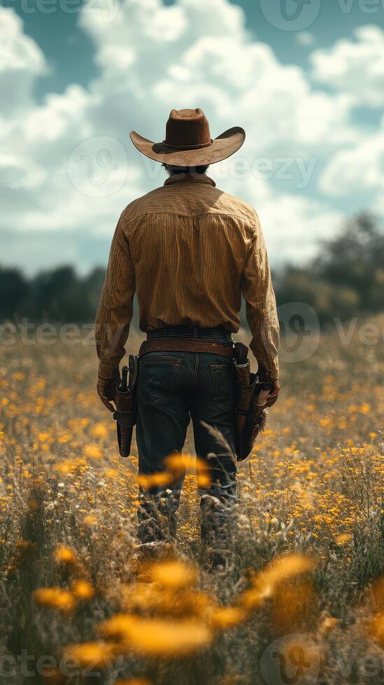 Cowboy stands in a vibrant field of wildflowers, reflecting on the vast open landscape during golden hour photo