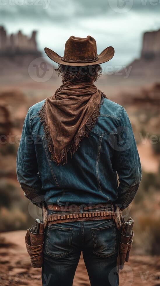 Cowboy standing in a desert landscape with dramatic clouds and rock formations during the late afternoon photo