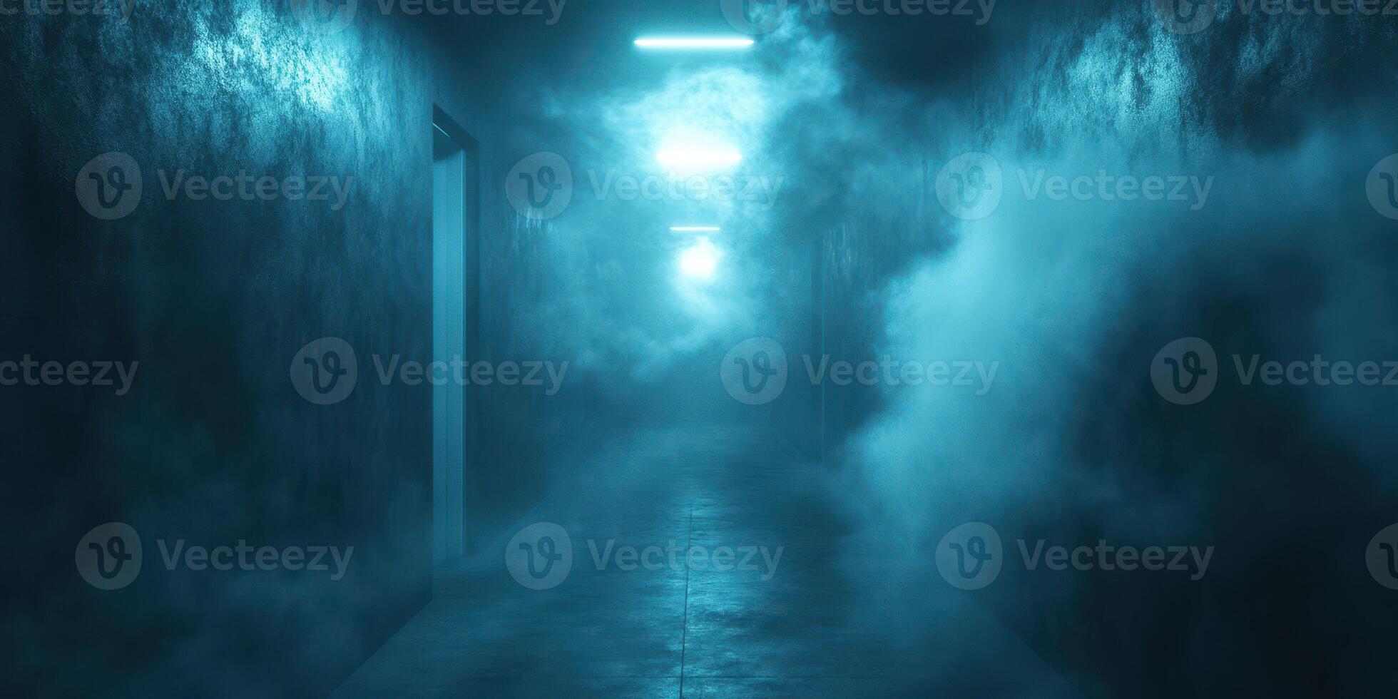 Atmospheric corridor shrouded in fog with glowing lights illuminating the path ahead photo