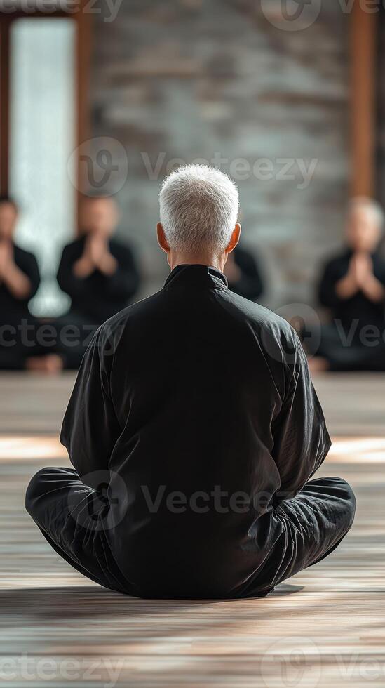 Meditation session in tranquil studio with practitioners focused on mindfulness and inner peace photo