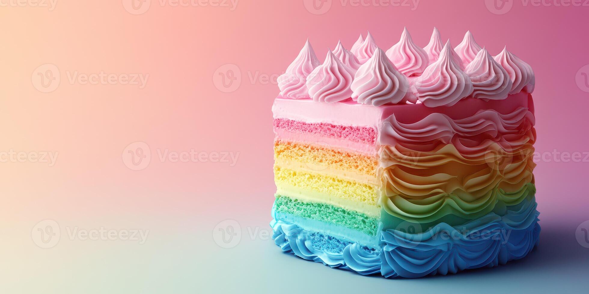 Colorful layered cake with vibrant frosting in a playful gradient background showcasing a delicious dessert photo