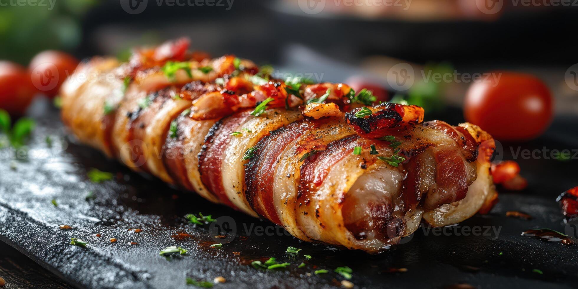 Deliciously grilled bacon-wrapped meat roll garnished with herbs and cherry tomatoes on a black slate platter photo