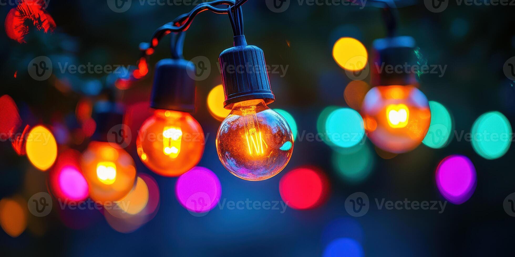 Colorful string lights illuminate a festive outdoor gathering during the evening hours in a vibrant backyard setting photo