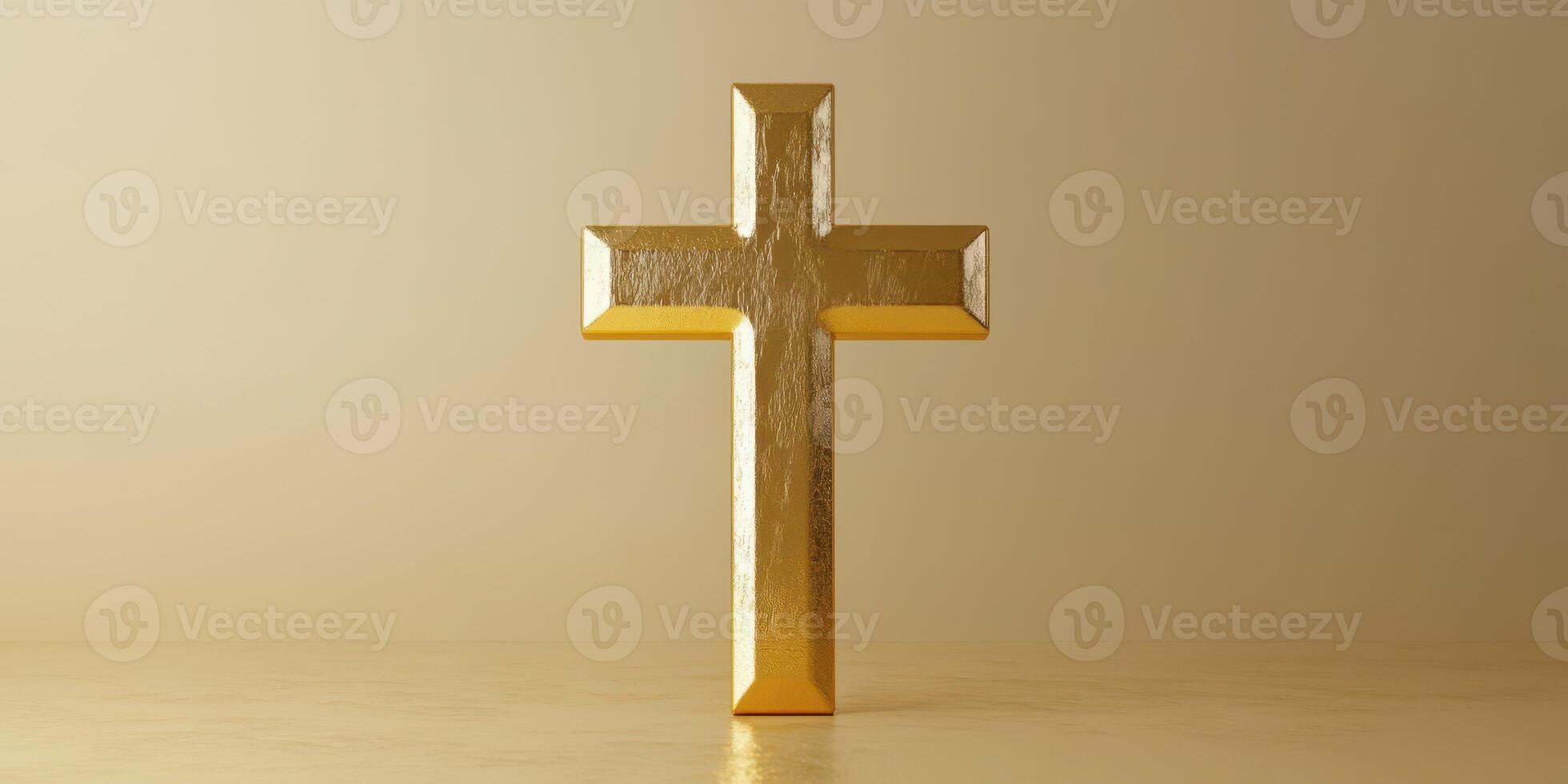 Golden cross stands on a smooth surface with a soft glow illuminating the background photo