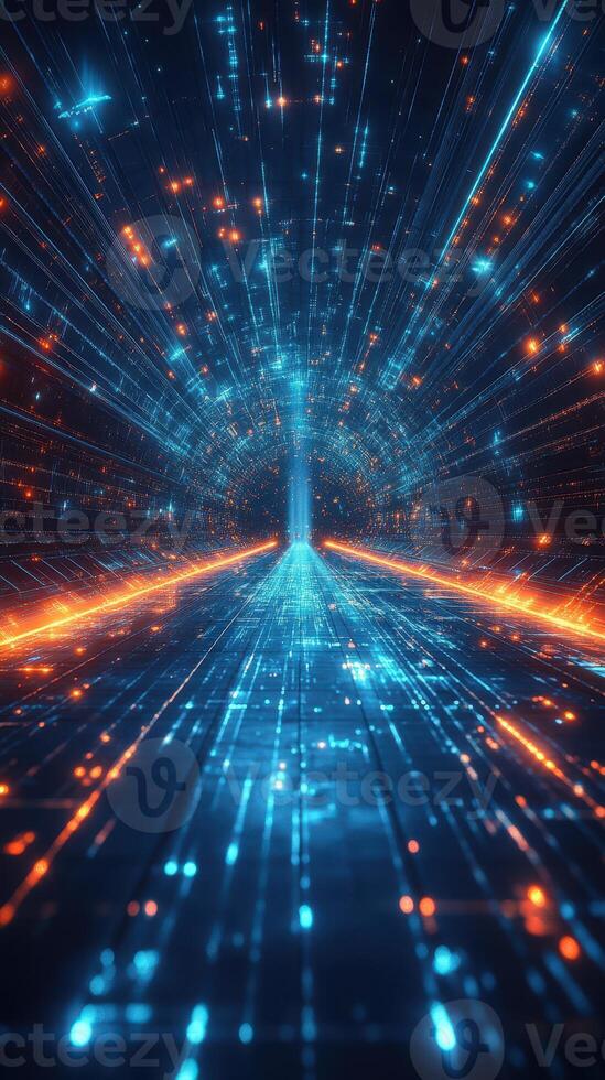 Bright blue and orange light beams create a futuristic tunnel effect in a dazzling digital landscape photo