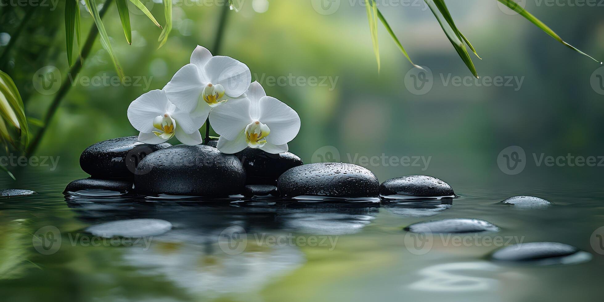 Tranquil arrangement of black stones and white orchids in a serene water setting surrounded by green foliage photo