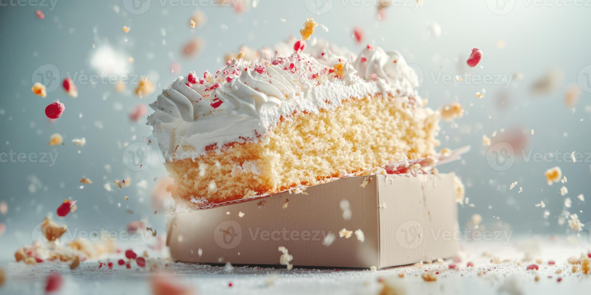 Cake slice with frosting and sprinkles bursts with flavor in delightful dessert display photo