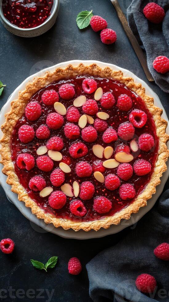 Fresh raspberry tart with a flaky crust and almond garnish on a dark background photo