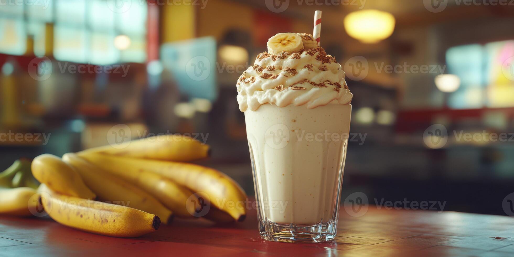Delicious banana milkshake served with fresh bananas at a cozy diner in the afternoon photo