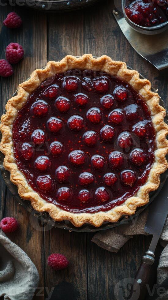 Delicious raspberry pie with glossy glaze on a rustic wooden table photo