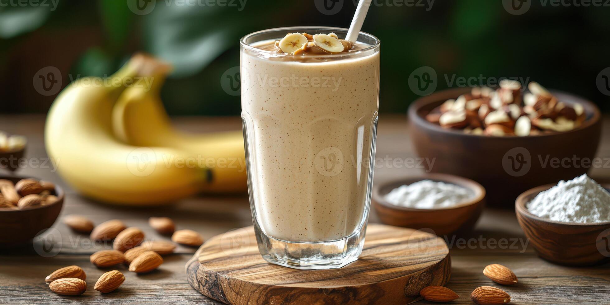 Smoothie preparation with bananas, nuts, and protein powder in a cozy kitchen setting photo