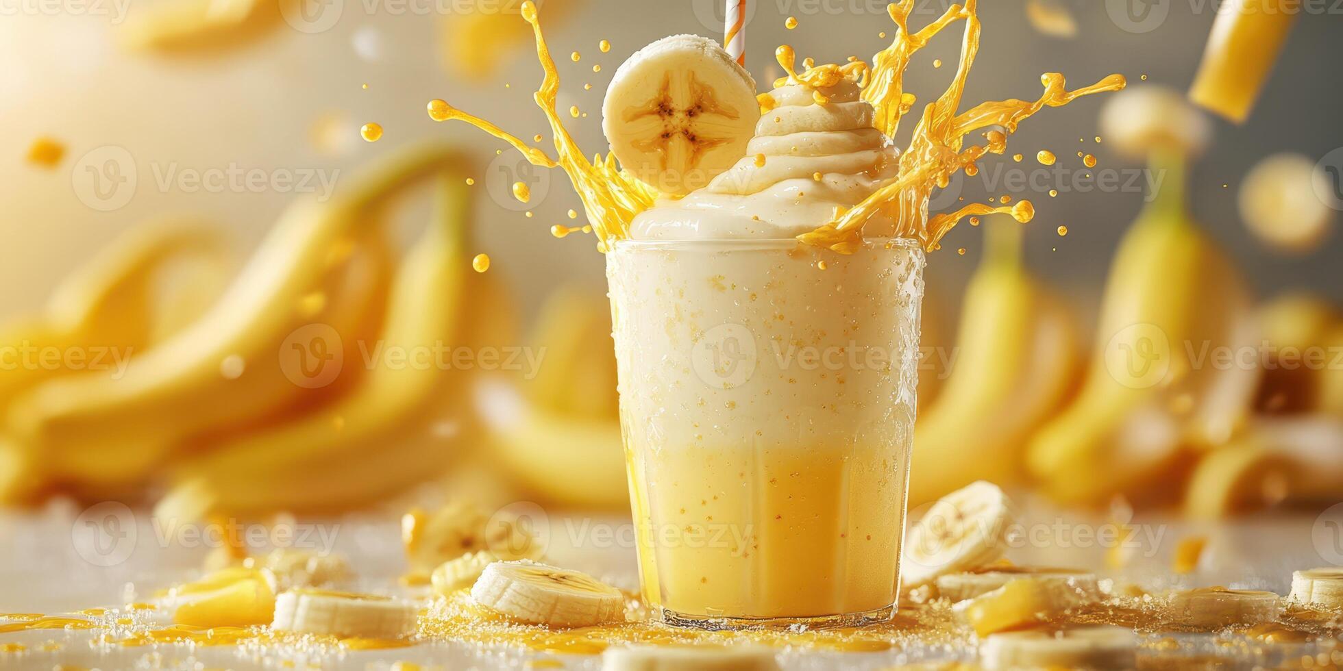 Refreshing banana smoothie splashes joyfully with vibrant hues in a bright kitchen setting photo