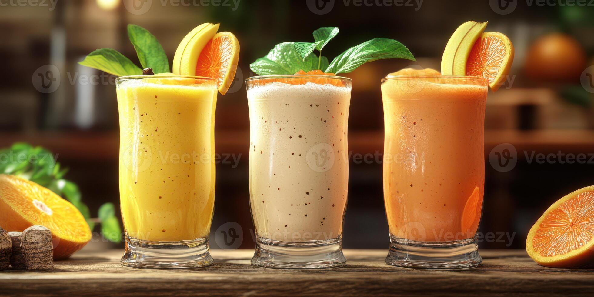 Refreshing tropical smoothies served in clear glasses with vibrant garnishes in a cozy, rustic setting photo
