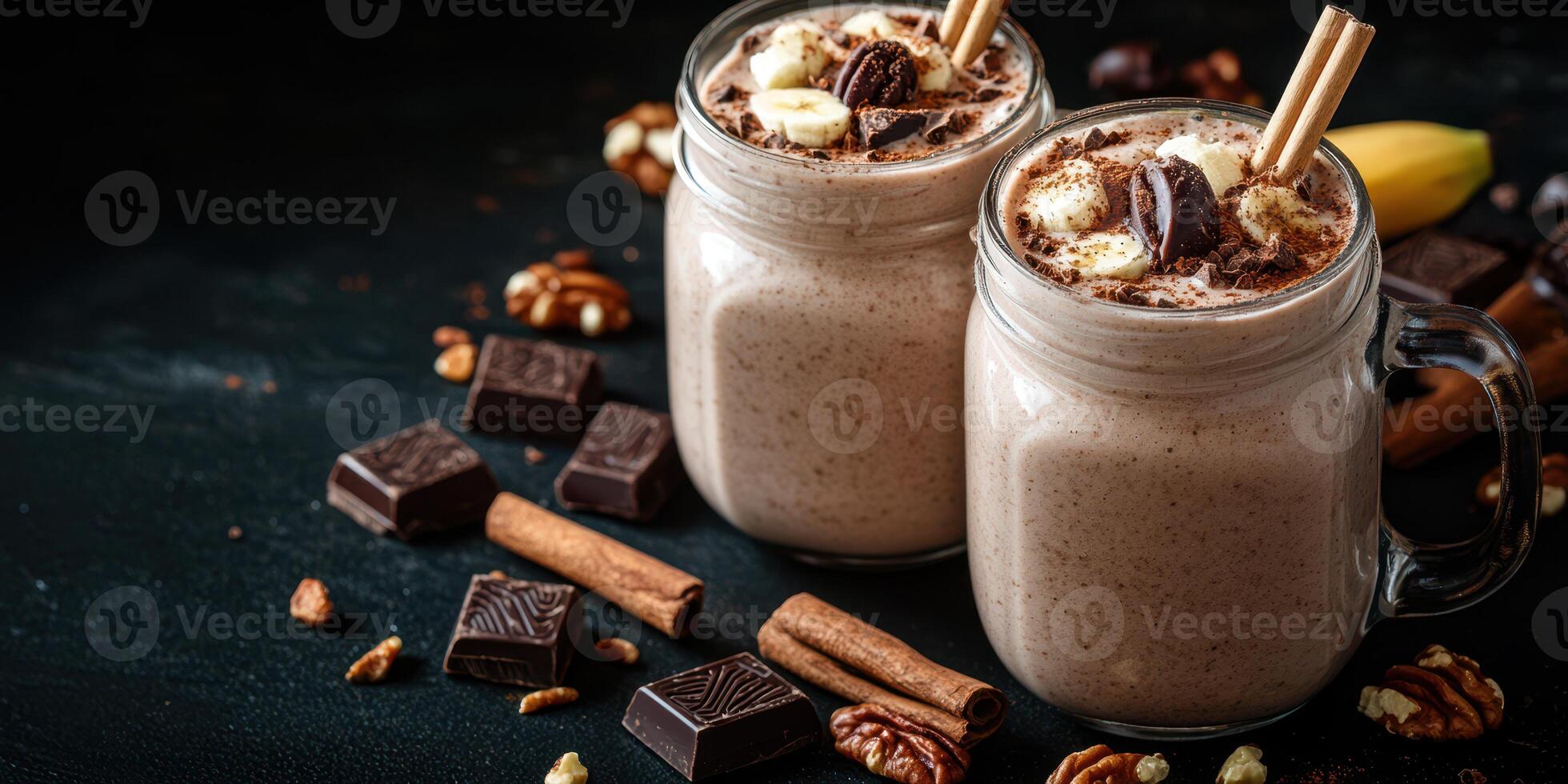 Delicious smoothie with chocolate, bananas, and spices served in glass jars on a dark background photo
