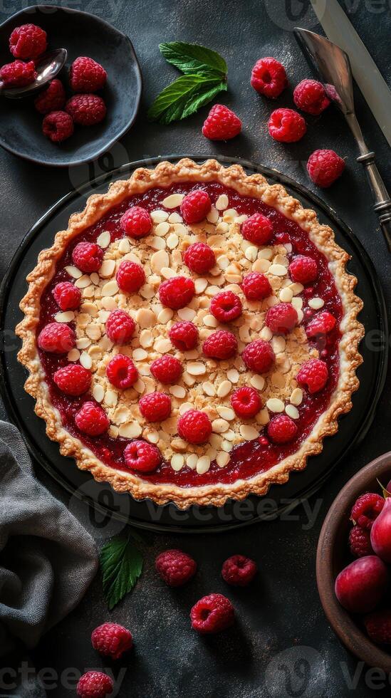 Raspberry tart garnished with almonds and fresh raspberries on a dark table with fruit and utensils around photo