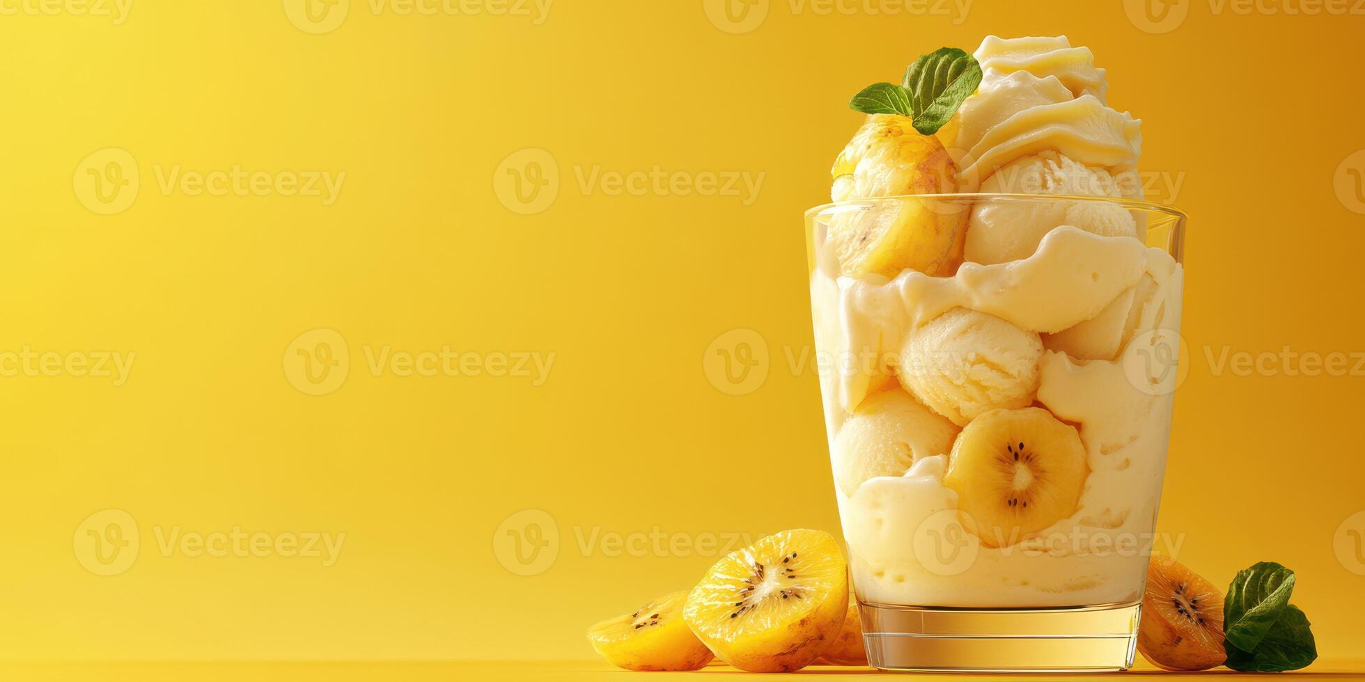 Delicious creamy dessert with banana slices and mint leaves on a bright yellow background showcasing vibrant colors photo