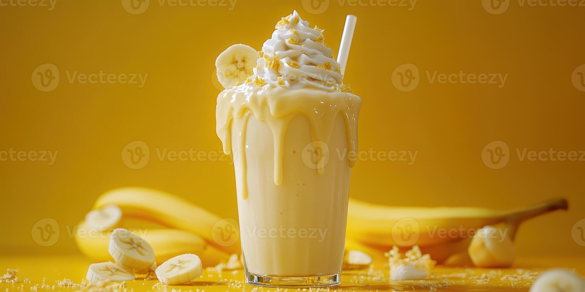 Fresh banana smoothie topped with whipped cream served in a clear glass against a vibrant yellow background photo