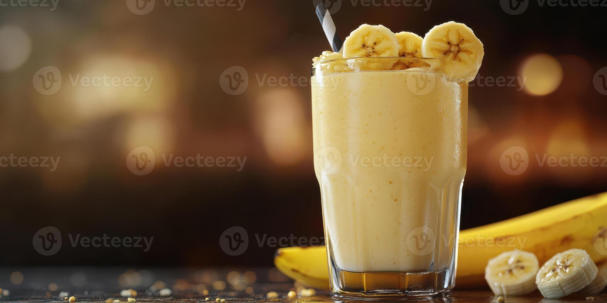 Delicious banana smoothie with fresh fruit served in a clear glass at a cozy cafe setting photo