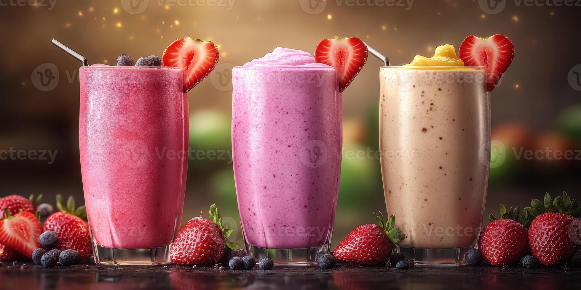 Colorful smoothies lined up with fresh berries at a rustic kitchen setting during a sunny afternoon photo