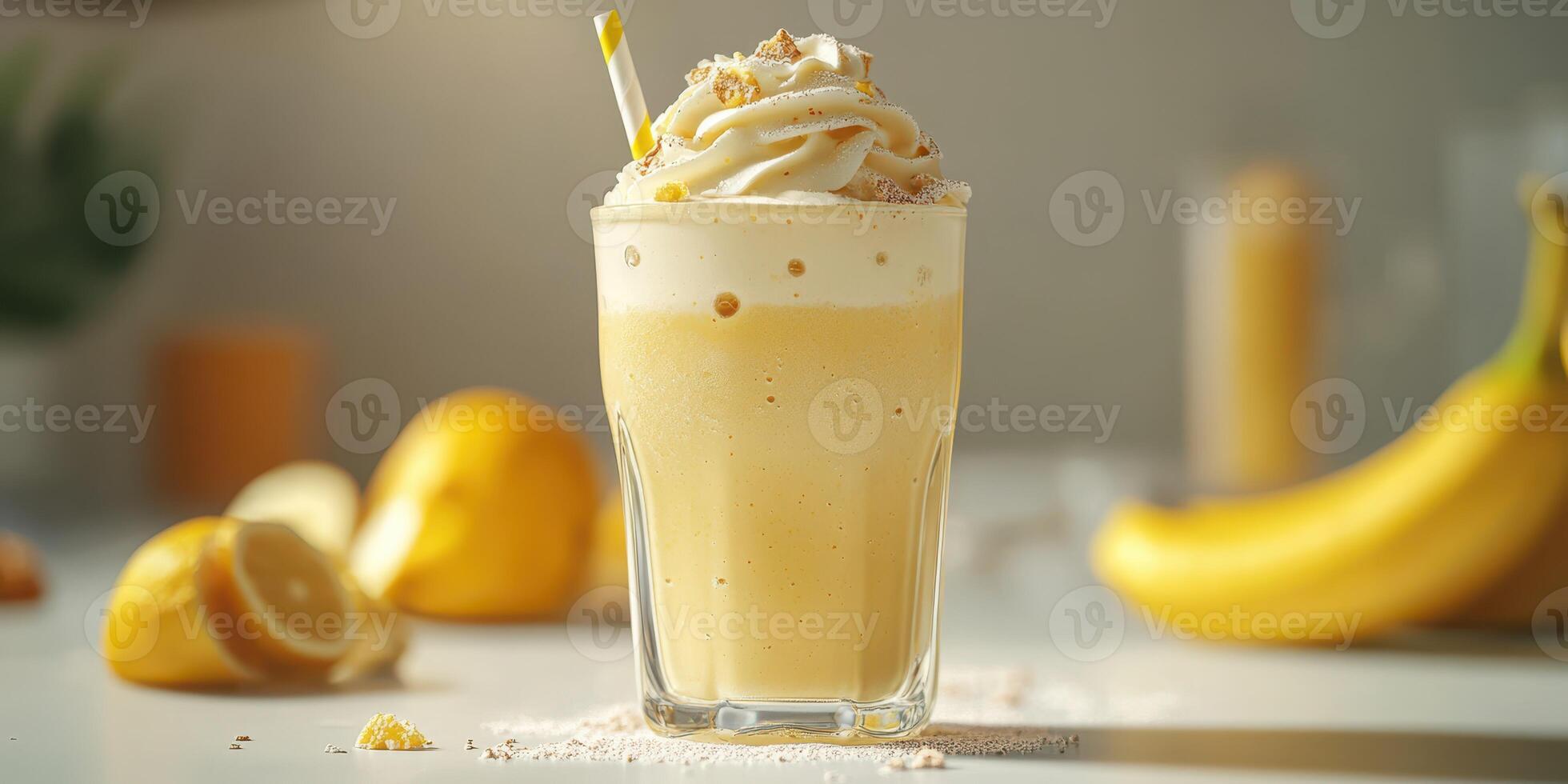 Refreshing banana smoothie with whipped cream and lemon garnish on a bright kitchen countertop photo