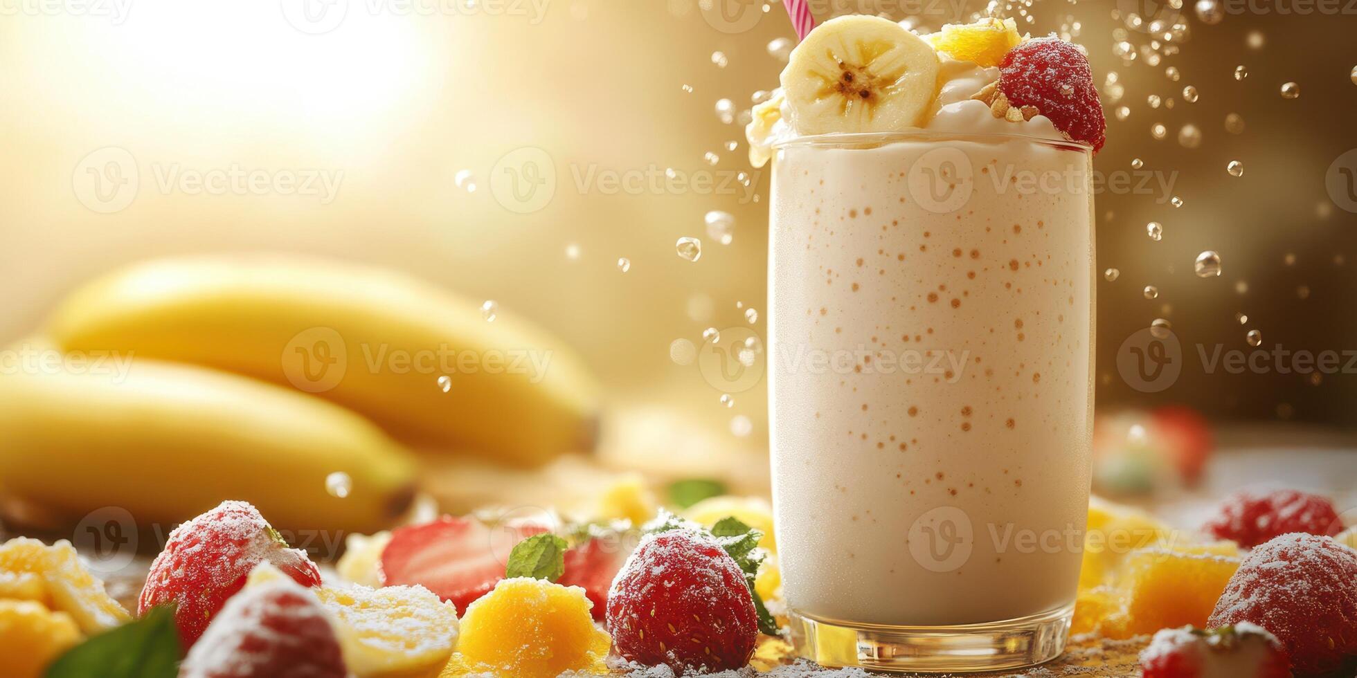 Delicious smoothie made with fresh fruits at a sunny kitchen setting in the morning photo