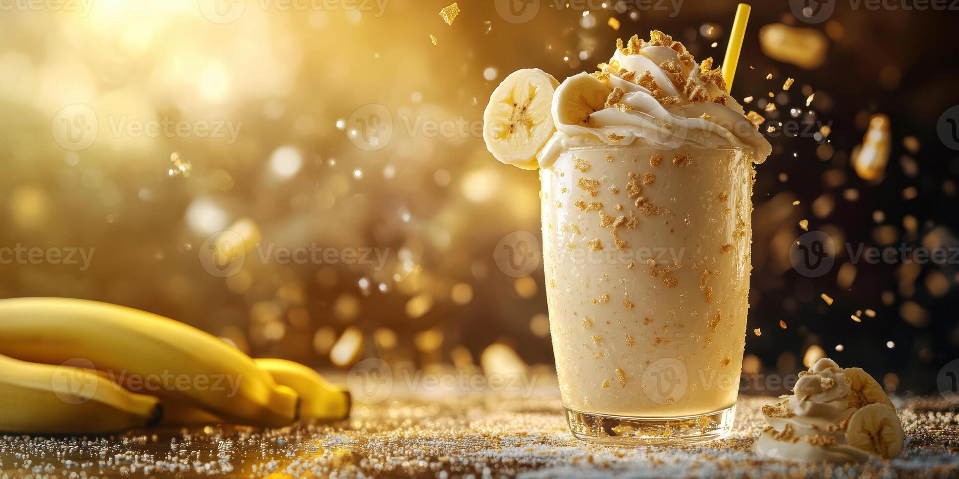 Creamy banana smoothie with fresh bananas and toppings on a bright background photo
