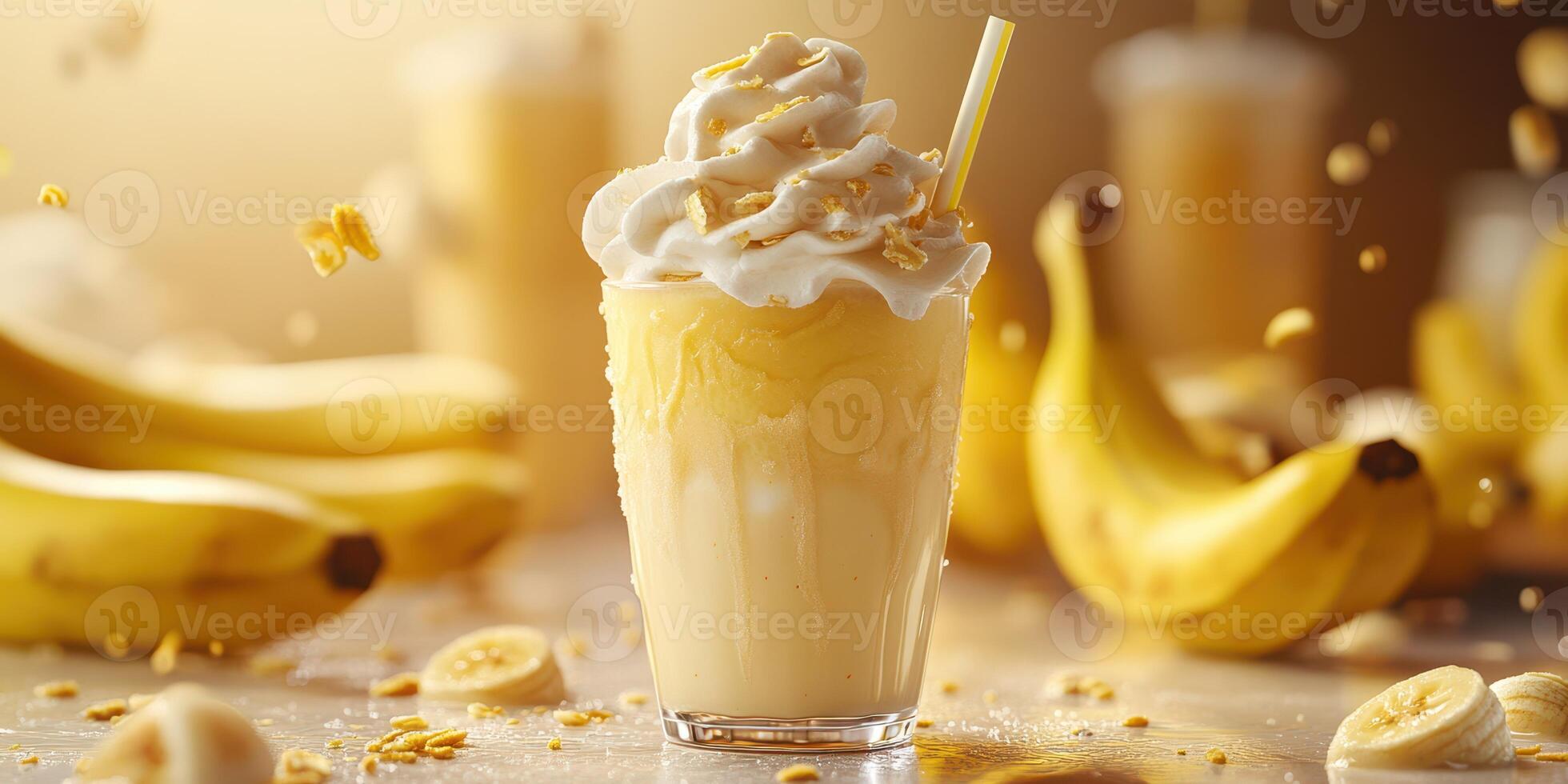 Refreshing banana smoothie topped with whipped cream in a vibrant kitchen setting photo