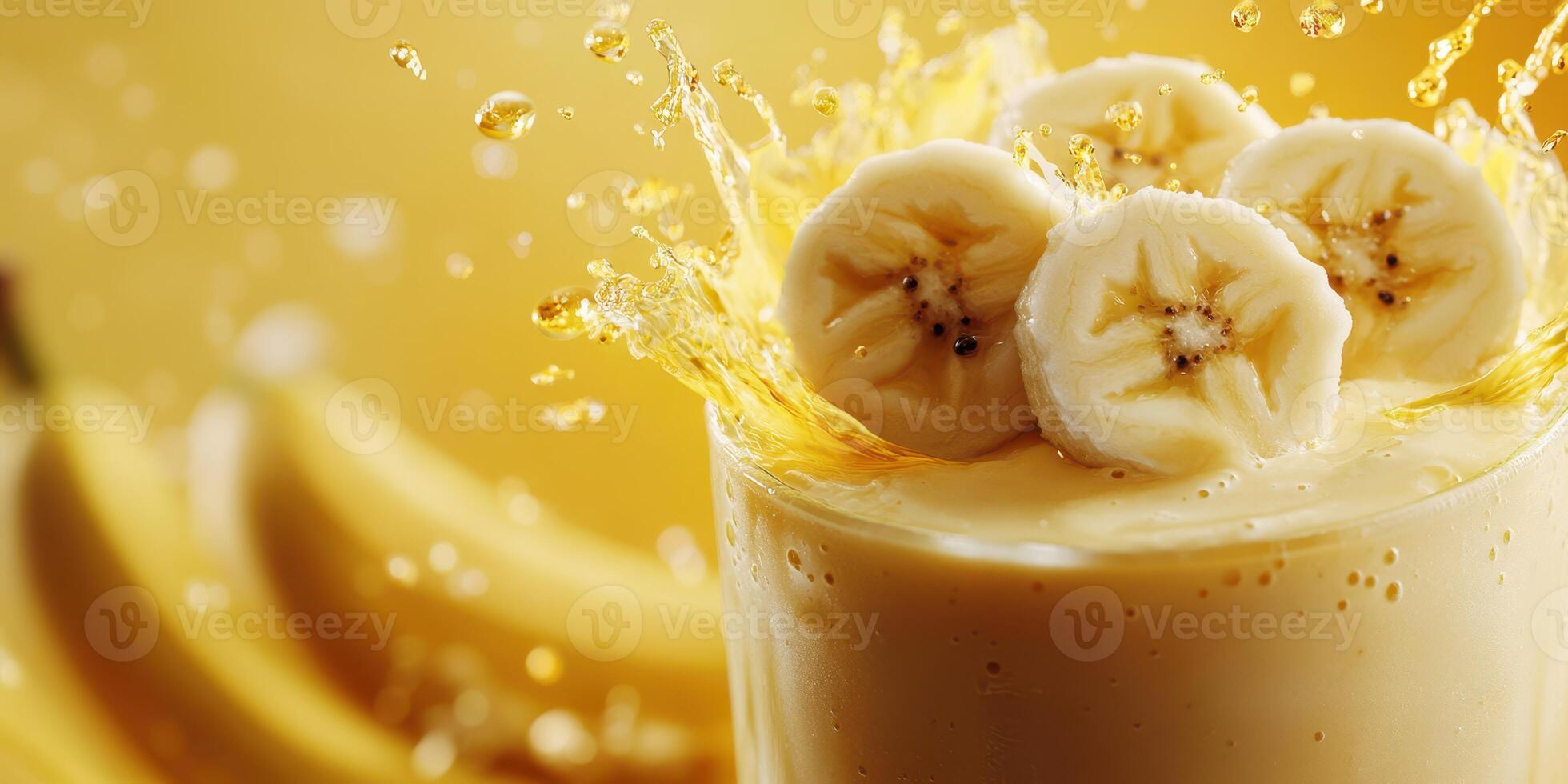 Refreshing banana smoothie splashes in a glass with vibrant background and ripe bananas photo