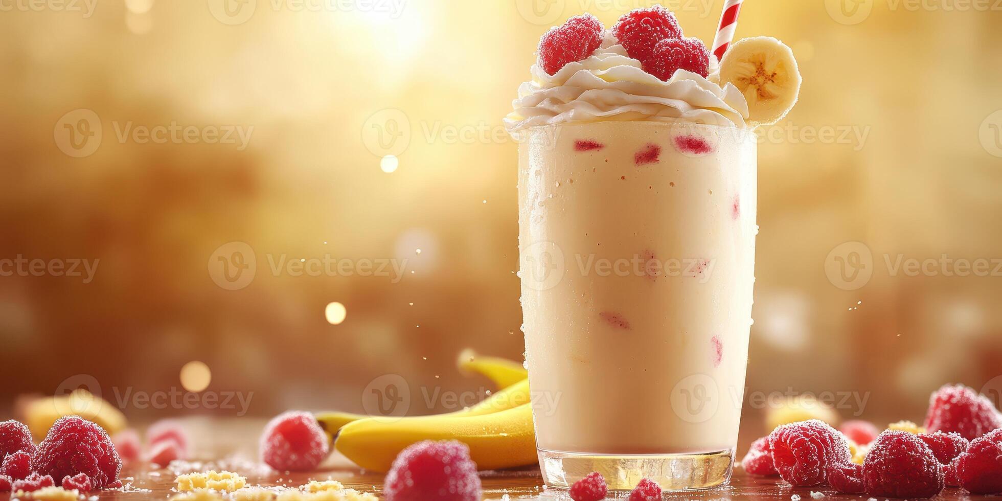 Delicious banana and raspberry smoothie garnished with whipped cream in a sunny setting photo