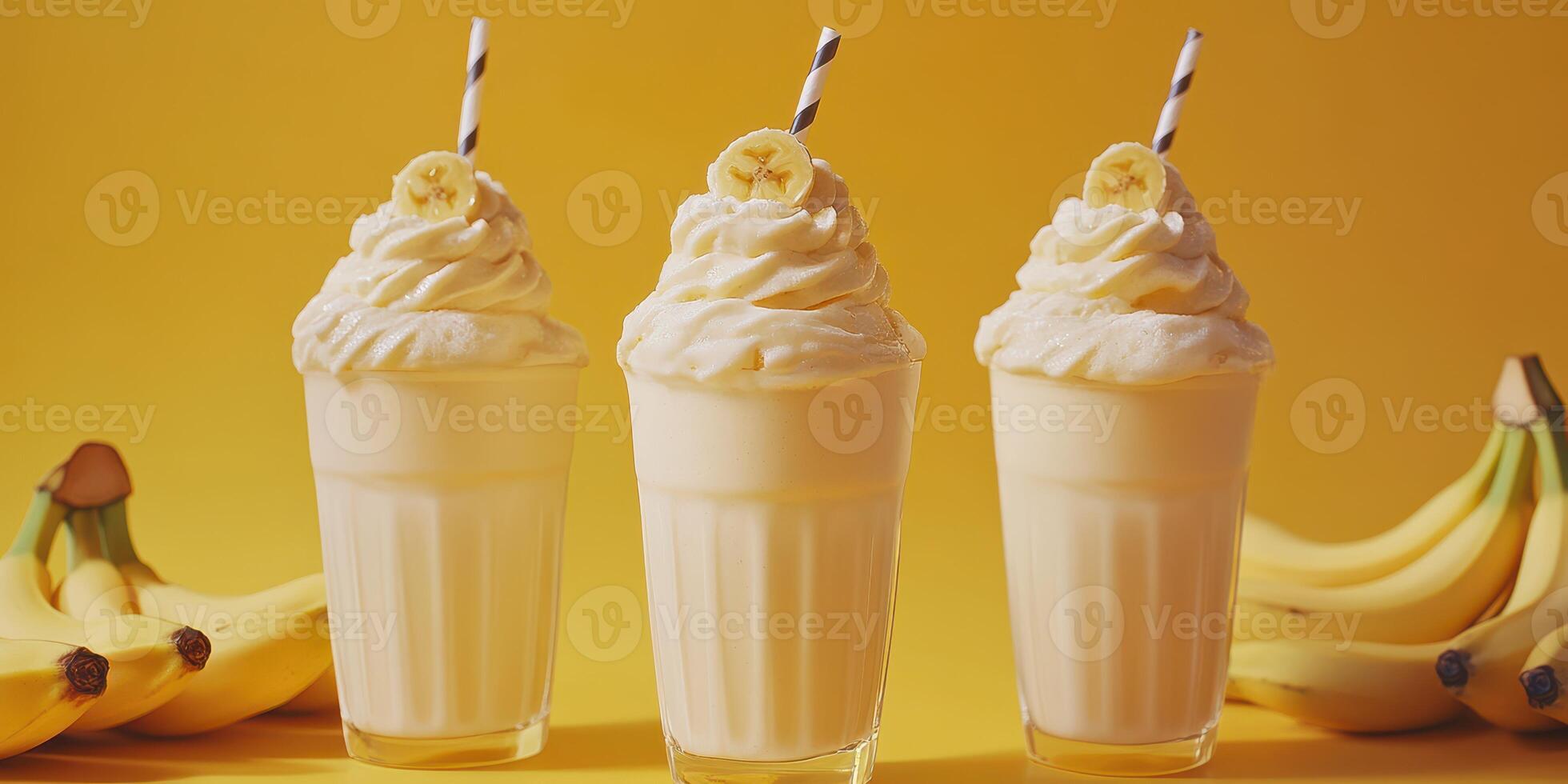 Delicious banana milkshakes served in clear glasses with whipped cream and fresh bananas on a vibrant yellow background photo