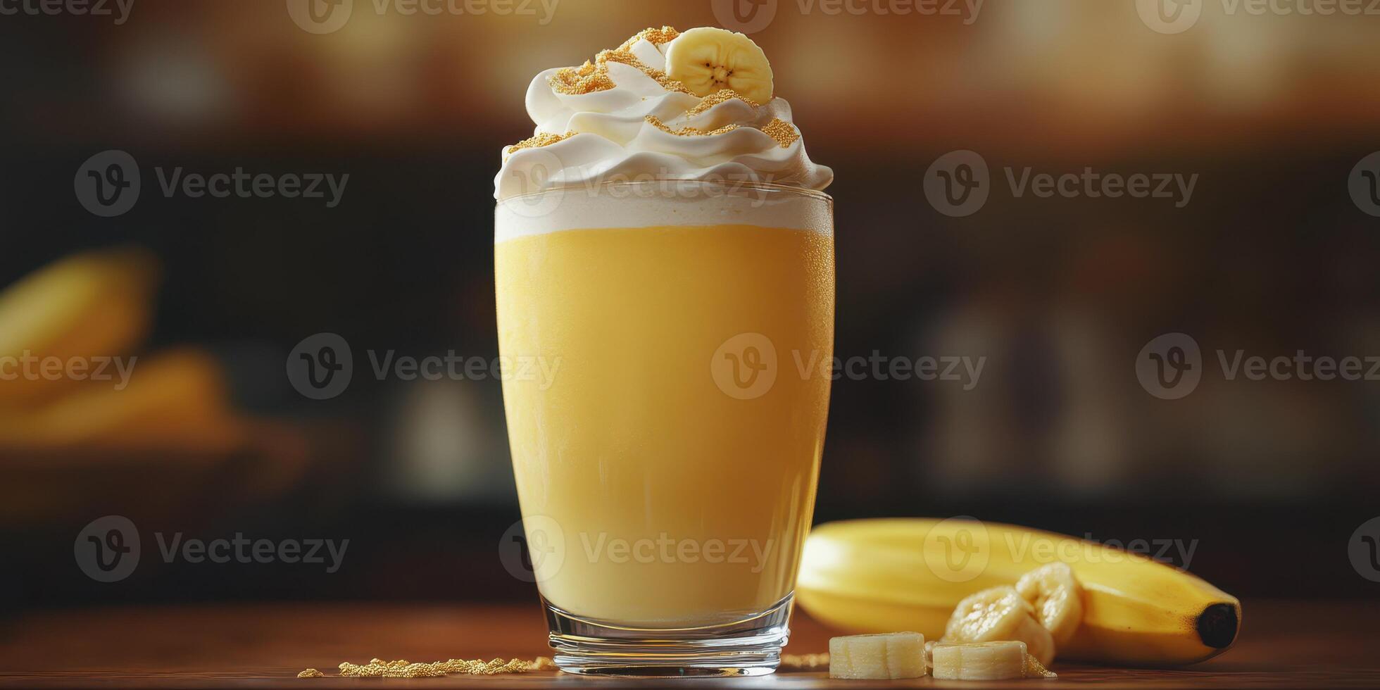 Delicious banana smoothie with whipped cream served in a clear glass in a cozy cafe setting photo