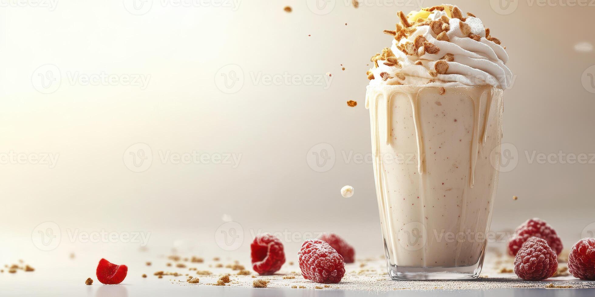 Creamy milkshake topped with whipped cream and raspberries captured in a bright setting photo