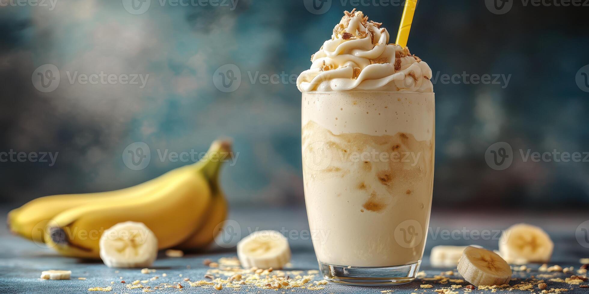 Creamy banana smoothie served with fresh bananas and granola on a blue background photo