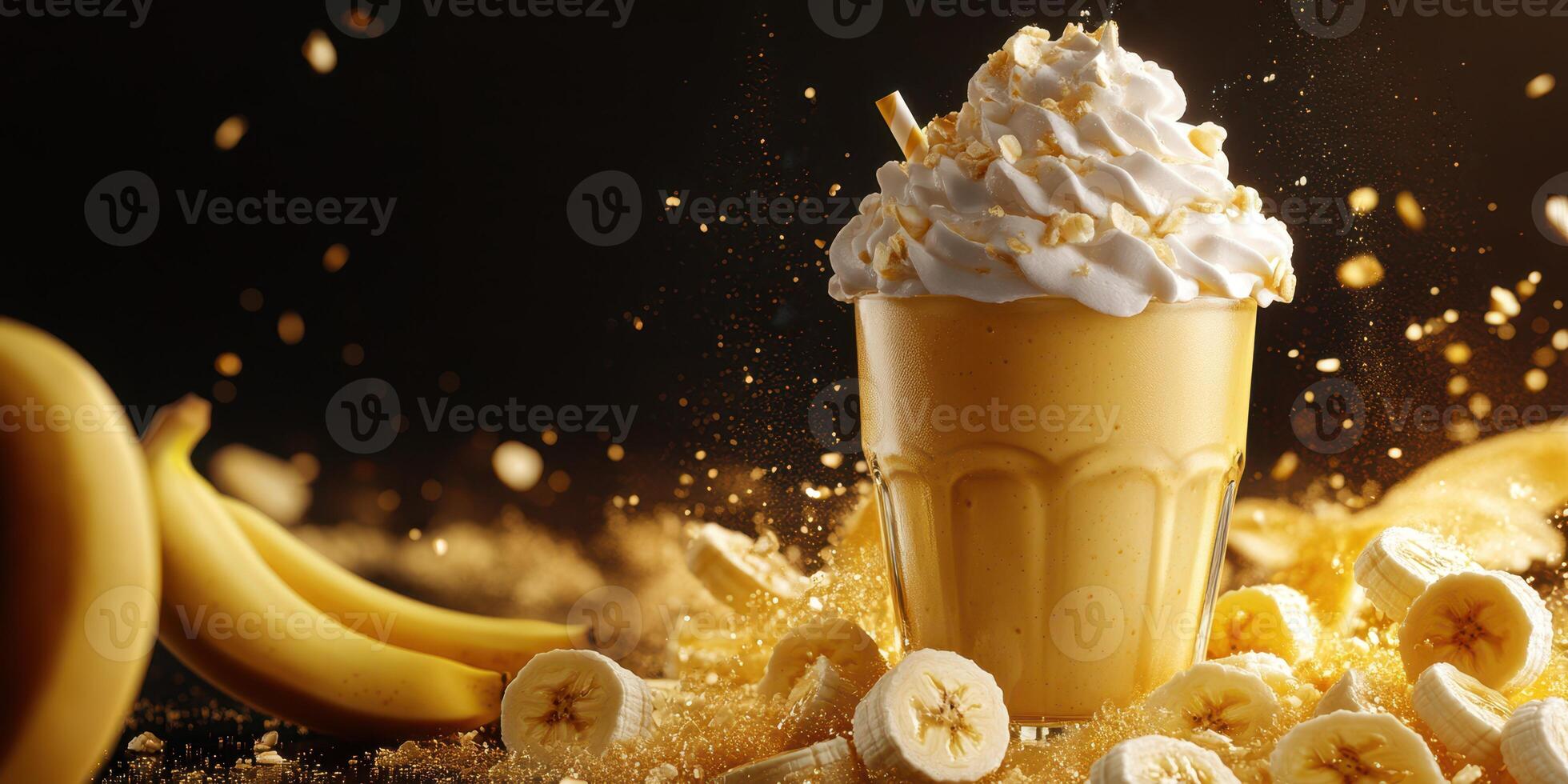Creamy banana smoothie topped with whipped cream and banana slices in a dramatic, golden setting photo