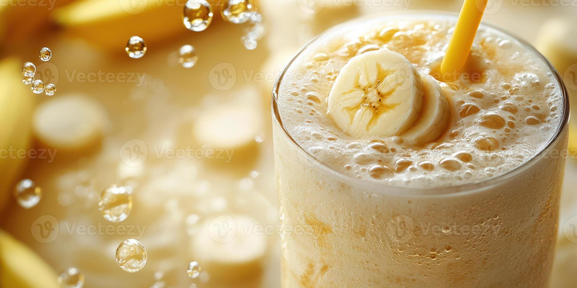 Creamy banana smoothie garnished with fresh slices and bubbles in a clear glass on a light background photo
